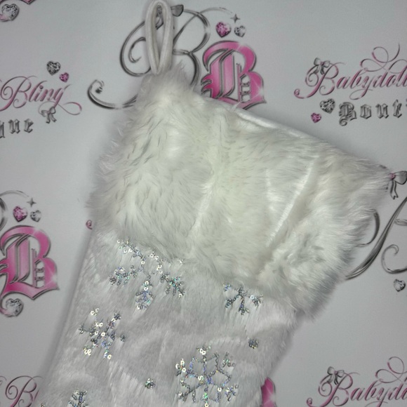 Stocking sparkly snow flakes holographic sequins furry white hanging Christmas - Picture 3 of 6